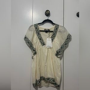 Antik Batik Cream & Green Embroidered and Black Sequin Volga Top